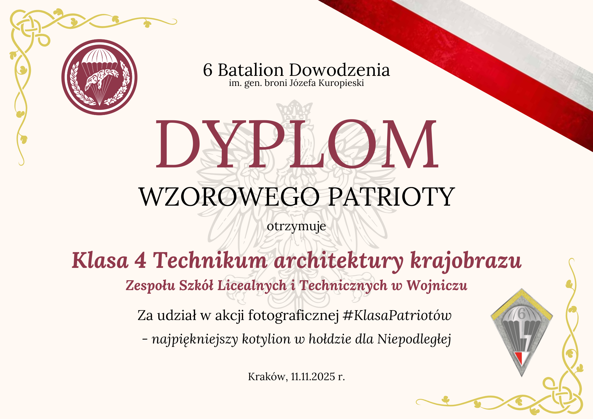 Dyplom dla klasy 4technikum architektury krajobrazu