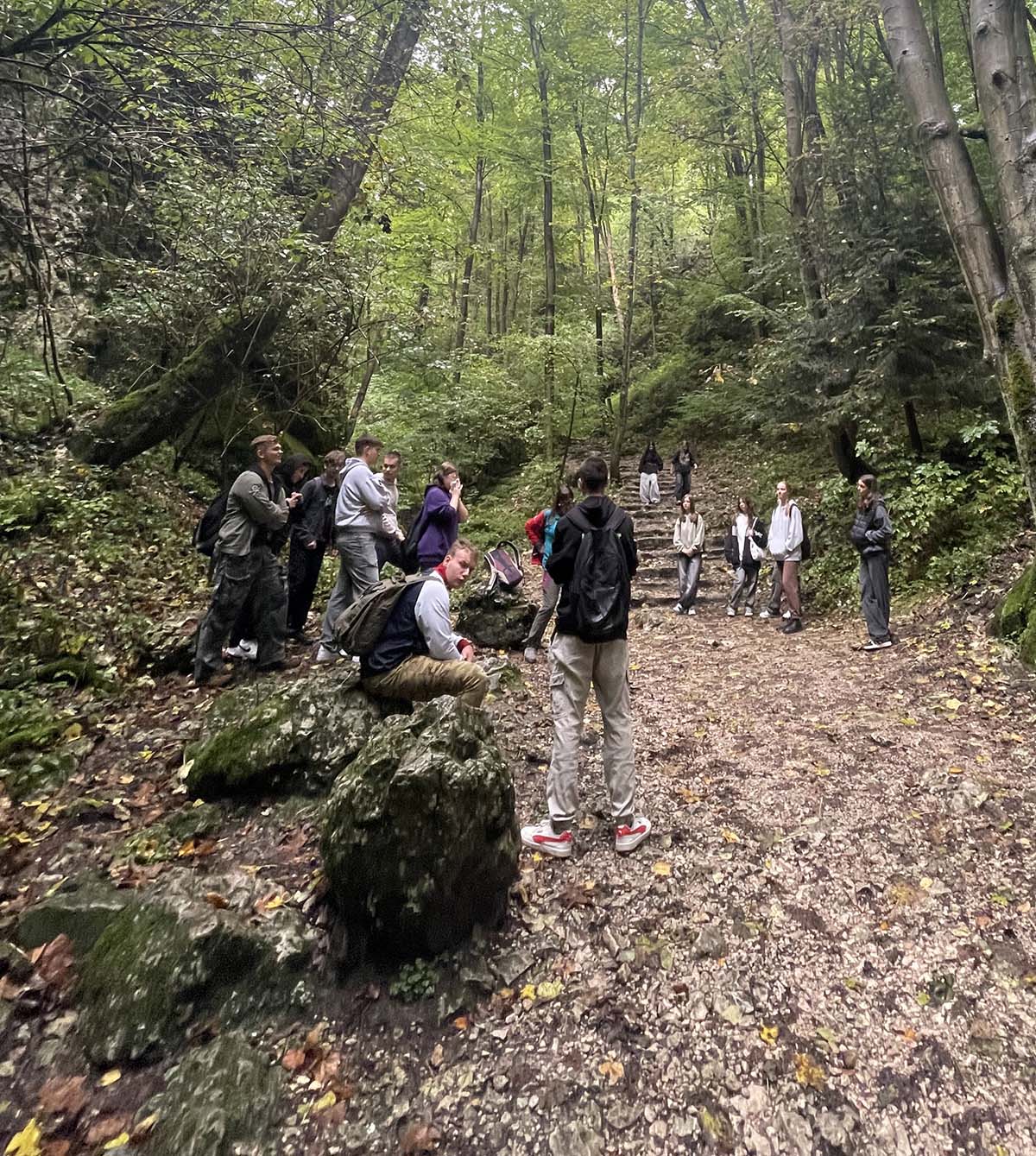 Grupa uczniów spaceruje ścieżką w parku narodowym w jesiennym krajobrazie. Młodzież ubrana jest w sportowe ubrania i plecaki. Idą wśród drzew których liście mają barwy żółci pomarańczu i czerwieni. Na ziemi leży war